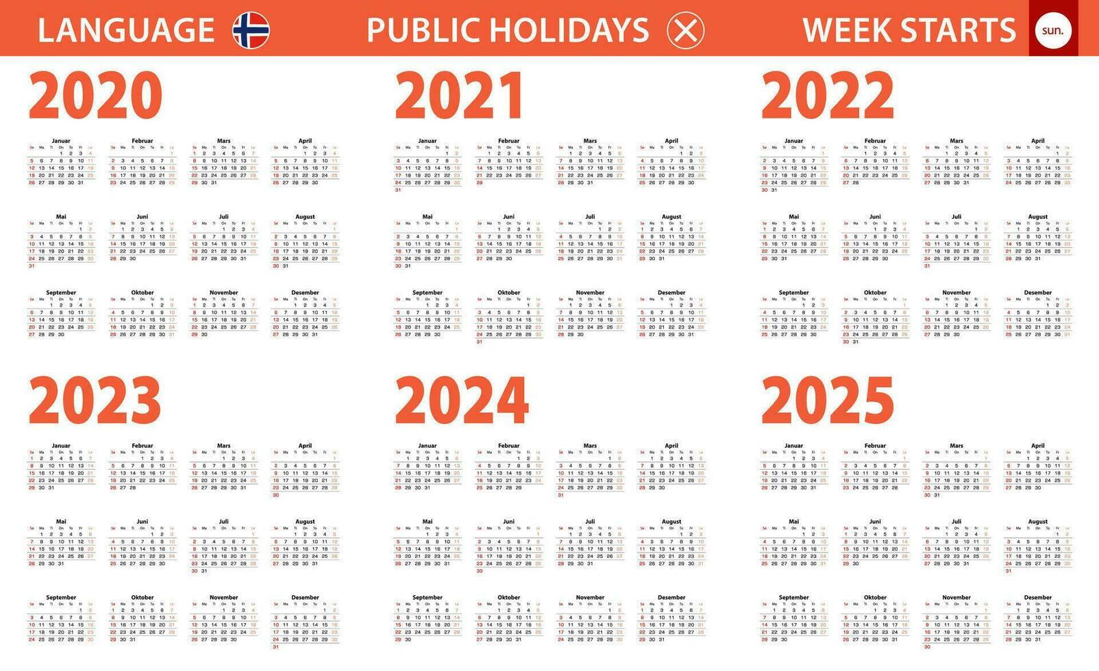 2020-2025 año calendario en noruego idioma, semana empieza desde domingo. vector