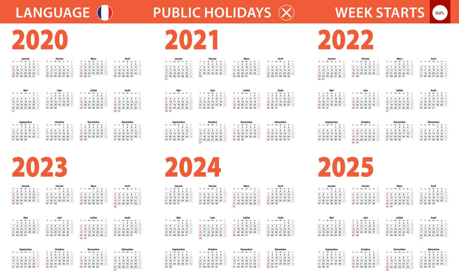 2020-2025 year calendar in French language, week starts from Sunday