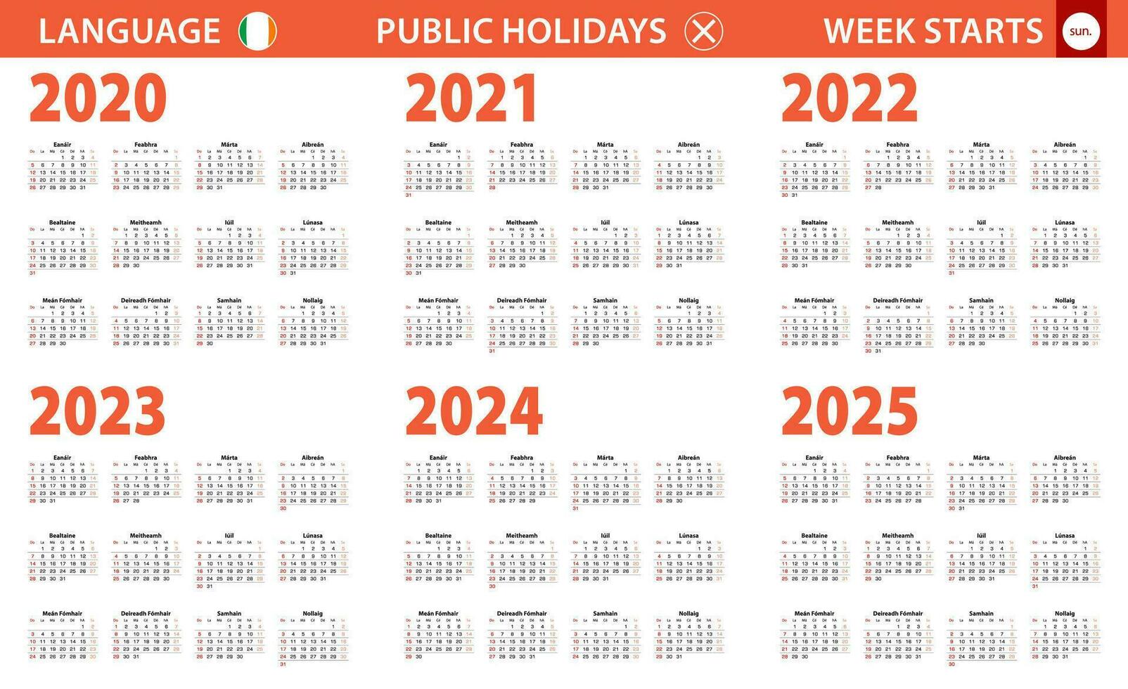 2020-2025 year calendar in Irish language, week starts from Sunday. vector