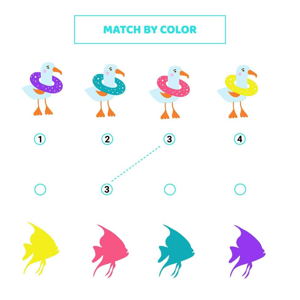 Match cute cartoon seagulls by color. vector