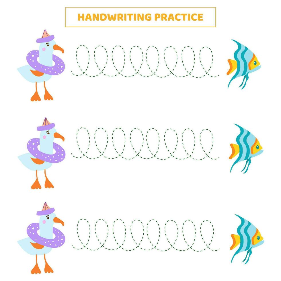 Handwriting practice for kids with cartoon seagull and fish. vector