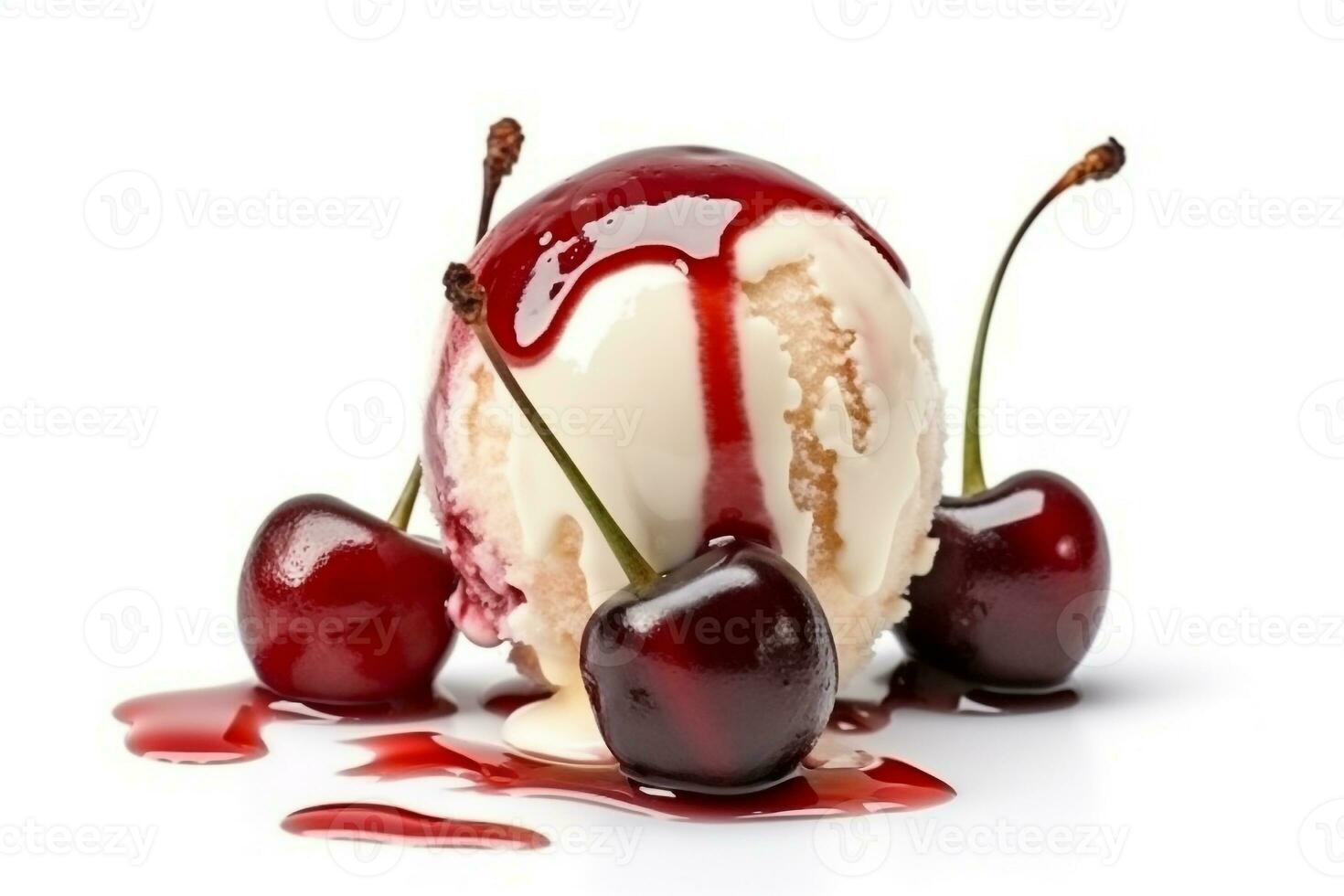 Vanilla ice cream with cherry syrup isolated on white background.Generative Ai. photo