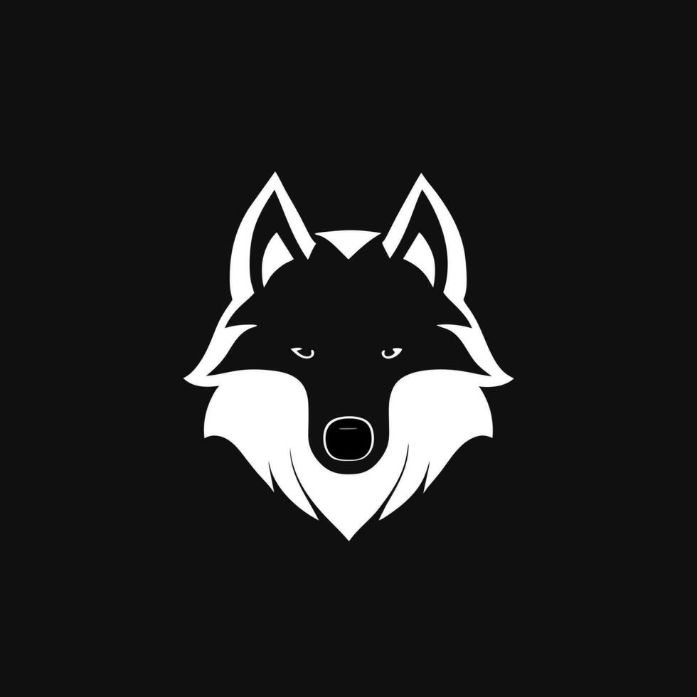 Portrait of a wolf on a black background. Dog vector icon. Black and white illustration.