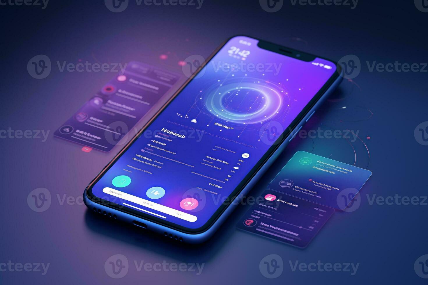 Mobile development concept, Isometric Smartphone Displaying futuristic UI and Holographic Windows. Mobile Innovation and software programming photo