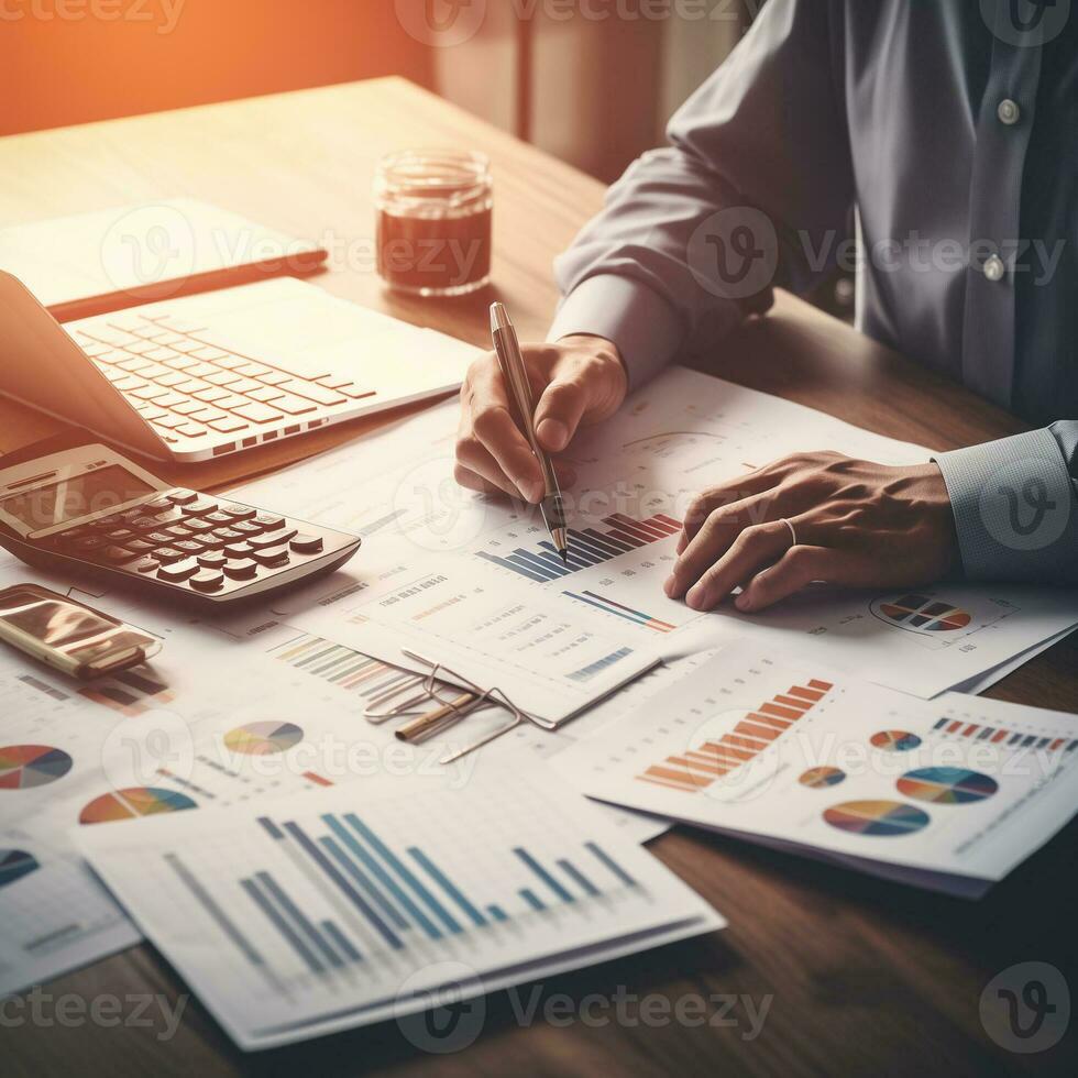 Business Man Analyzing and Evaluating Data Charts. Financial Accounting and Business Growth Concept. photo