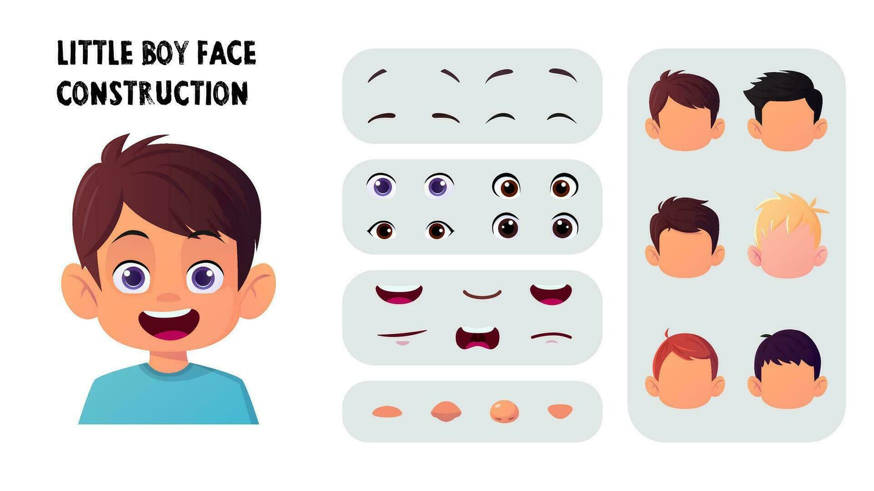 Girl Character Face Creation, Construction set, Cartoon Kid Face Generator with Hair, eyes, Mouth, nose, eyebrows vector