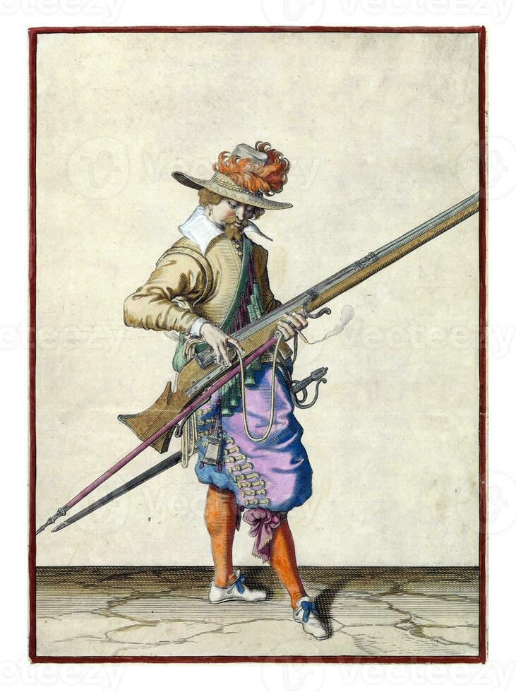 Soldier giving the correct place and shape to the fuse on the cock of his musket photo