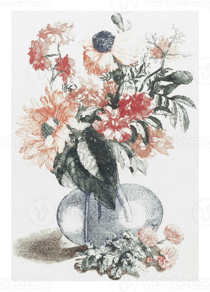 Glass vase with different flowers and a sunflower, anonymous, after Jean Baptiste Monnoyer, 1688 - 1698 photo