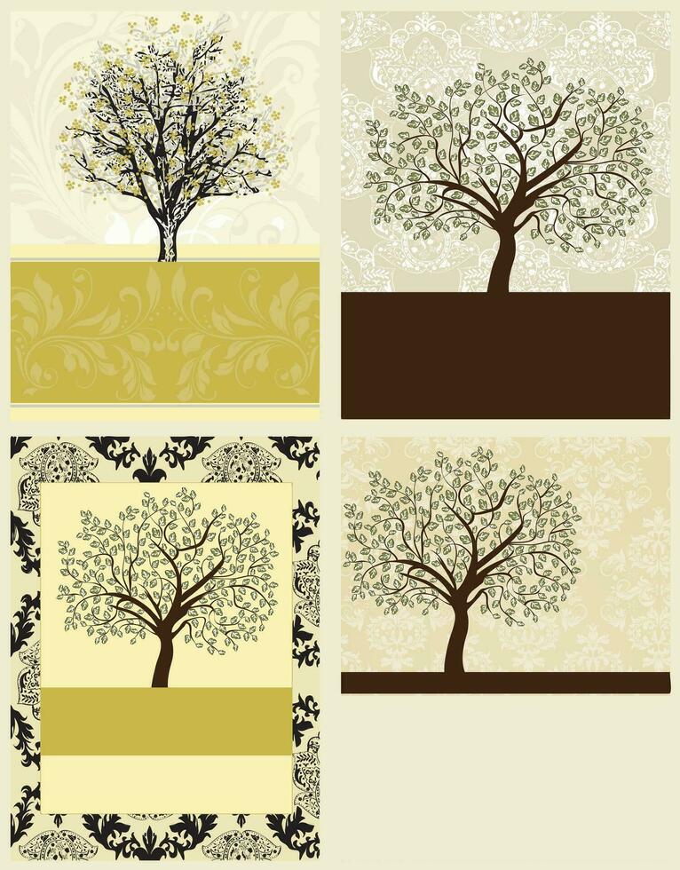 Set of four 4 vintage invitation cards with ornate elegant abstract floral tree design vector