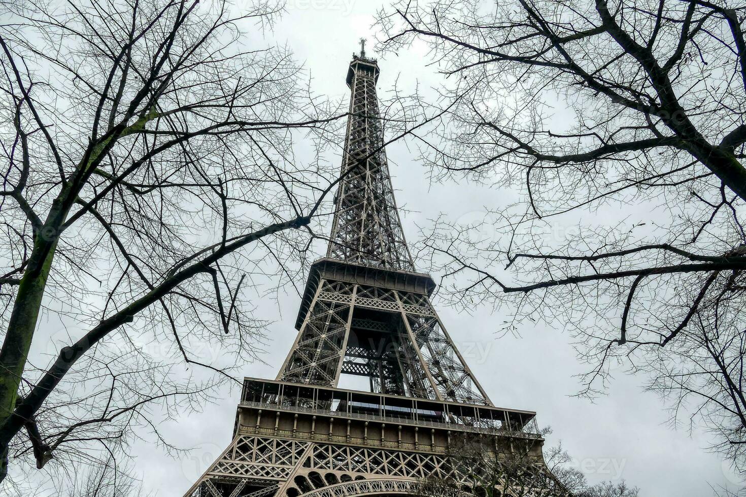 the eiffel tower is seen from below with bare trees photo