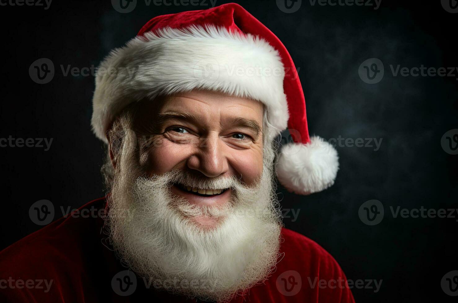 Papa Noel claus en un negro antecedentes. generativo ai foto