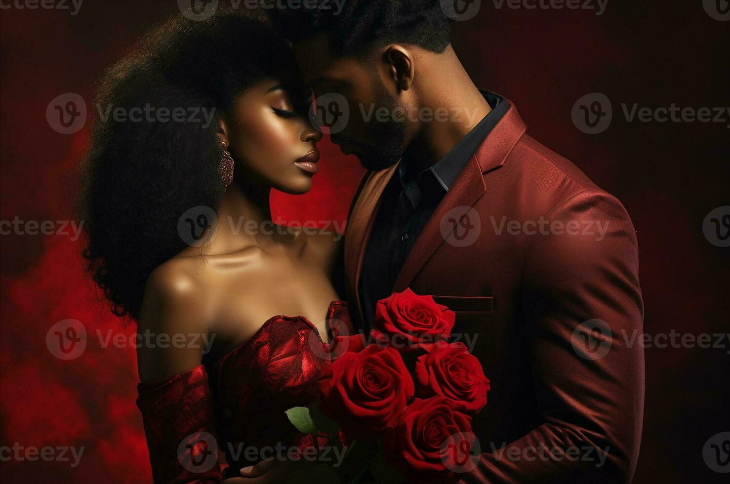 Black couple with a bouquet of roses for Valentine is Day. Generative AI photo