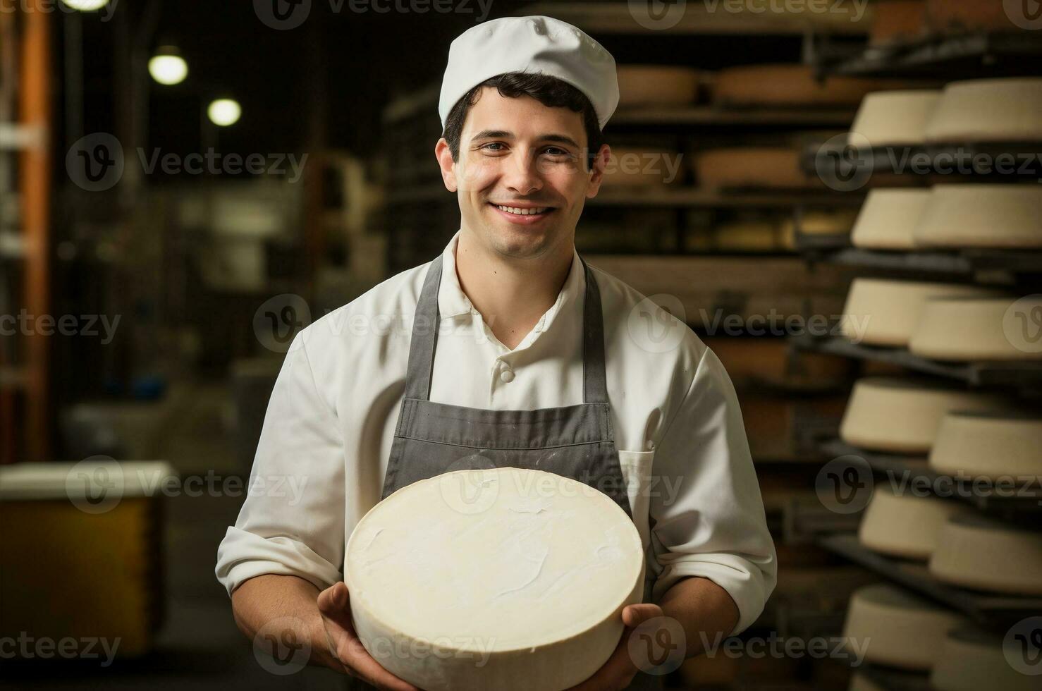 Handsome man cheese maker. Young man holding a head of cheese. Generative ai photo