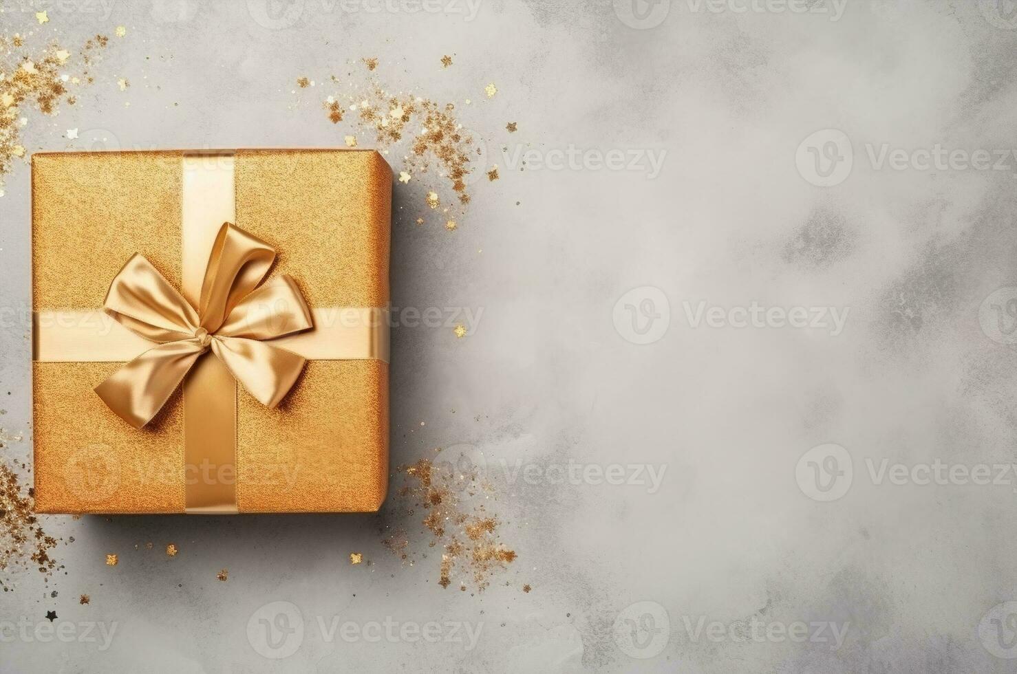 Top view of birthday yellow gift with copy space on white background for holiday or Christmas present. Glitter, stars. Christmas design. Generative ai photo