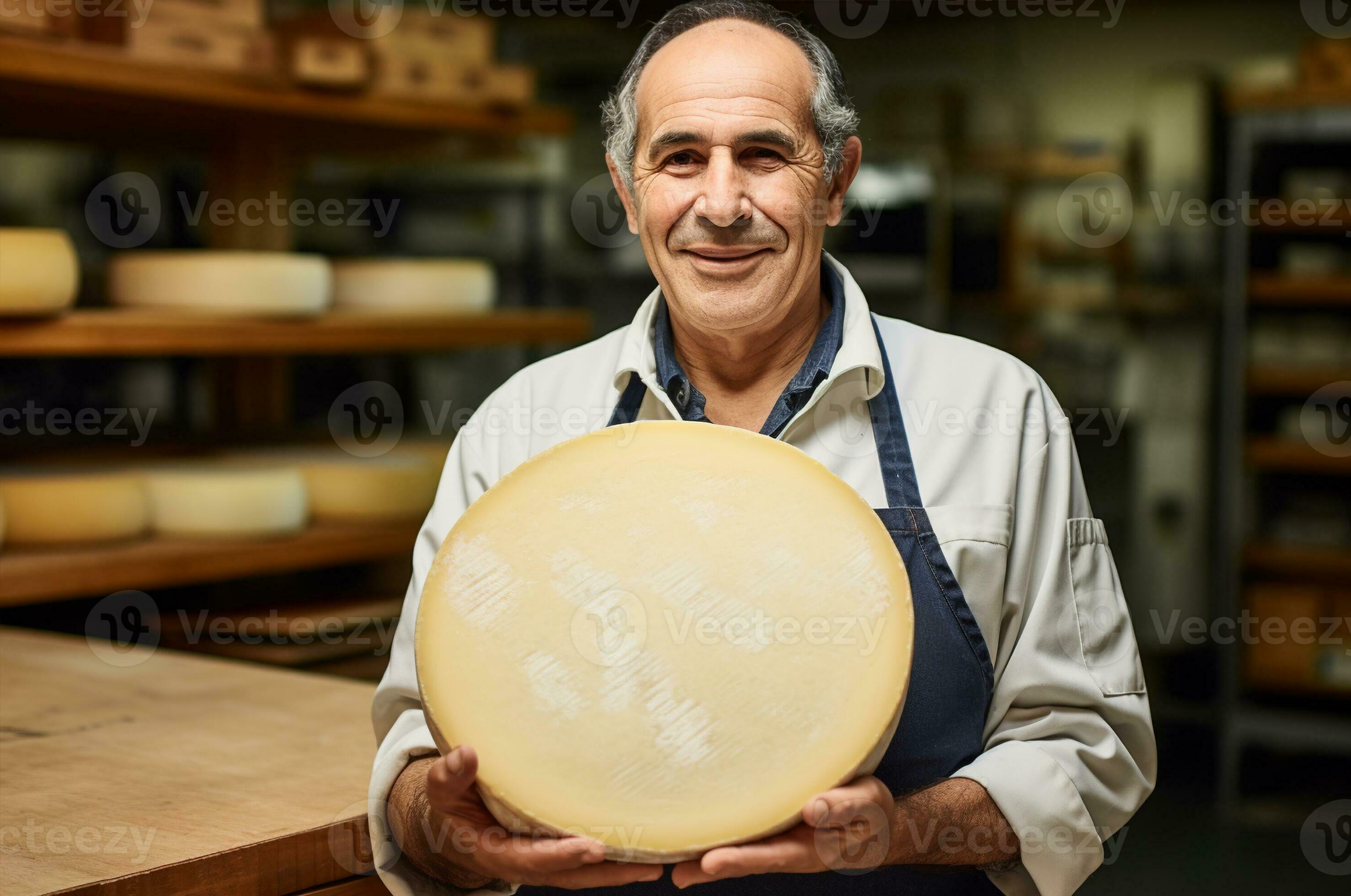 An elderly man is a cheese maker. Holding a large circle of cheese in
