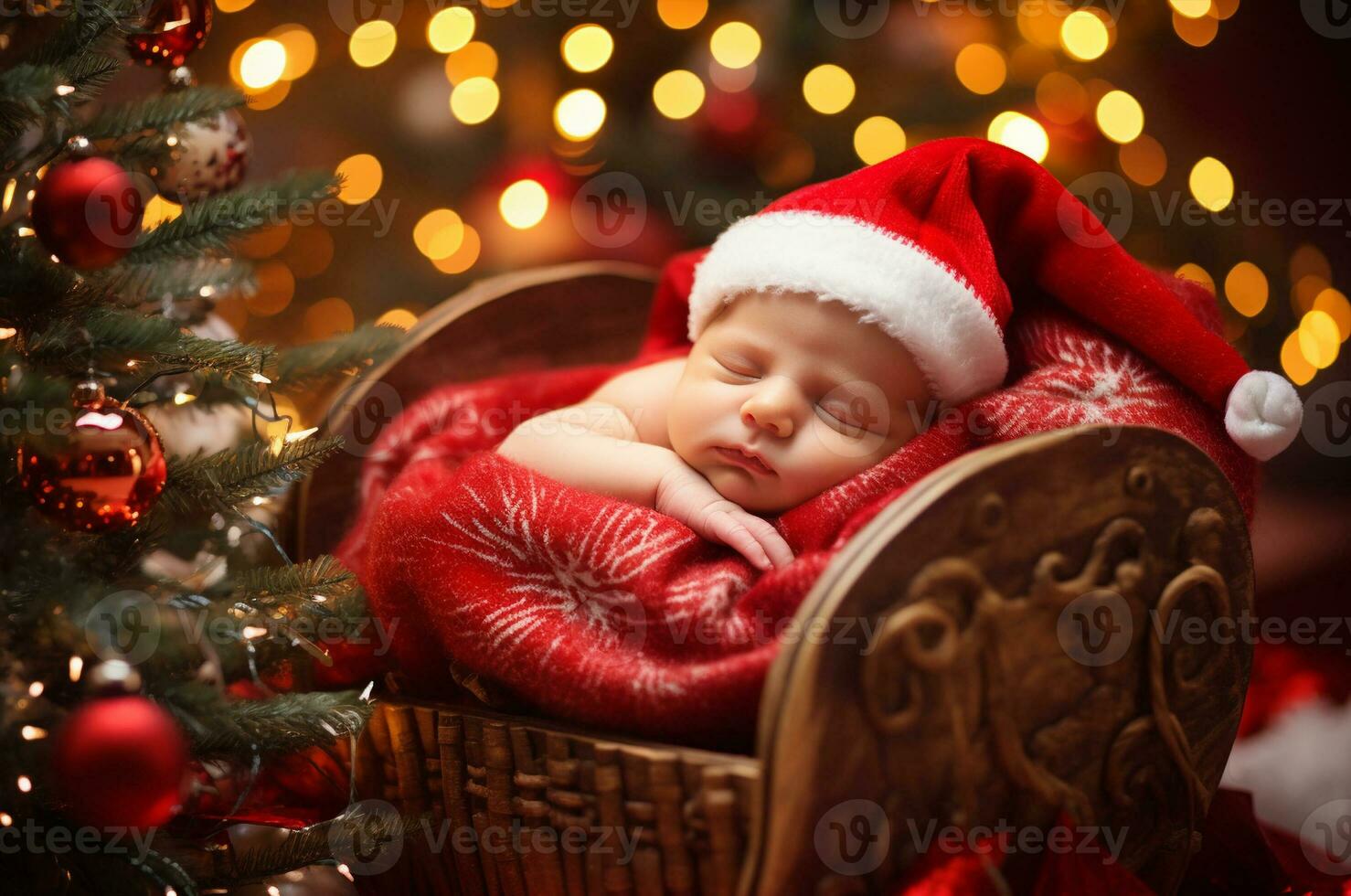 A newborn baby in a Santa hat sleeps in a wicker cradle against the background of a garland. Generative ai photo