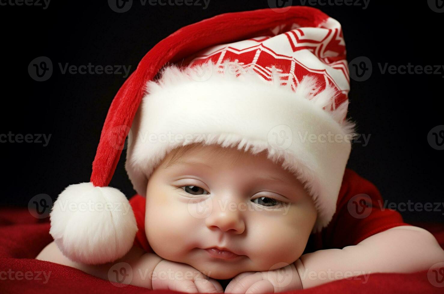 Boy wearing a Christmas Santa hat falls asleep. Generative ai photo