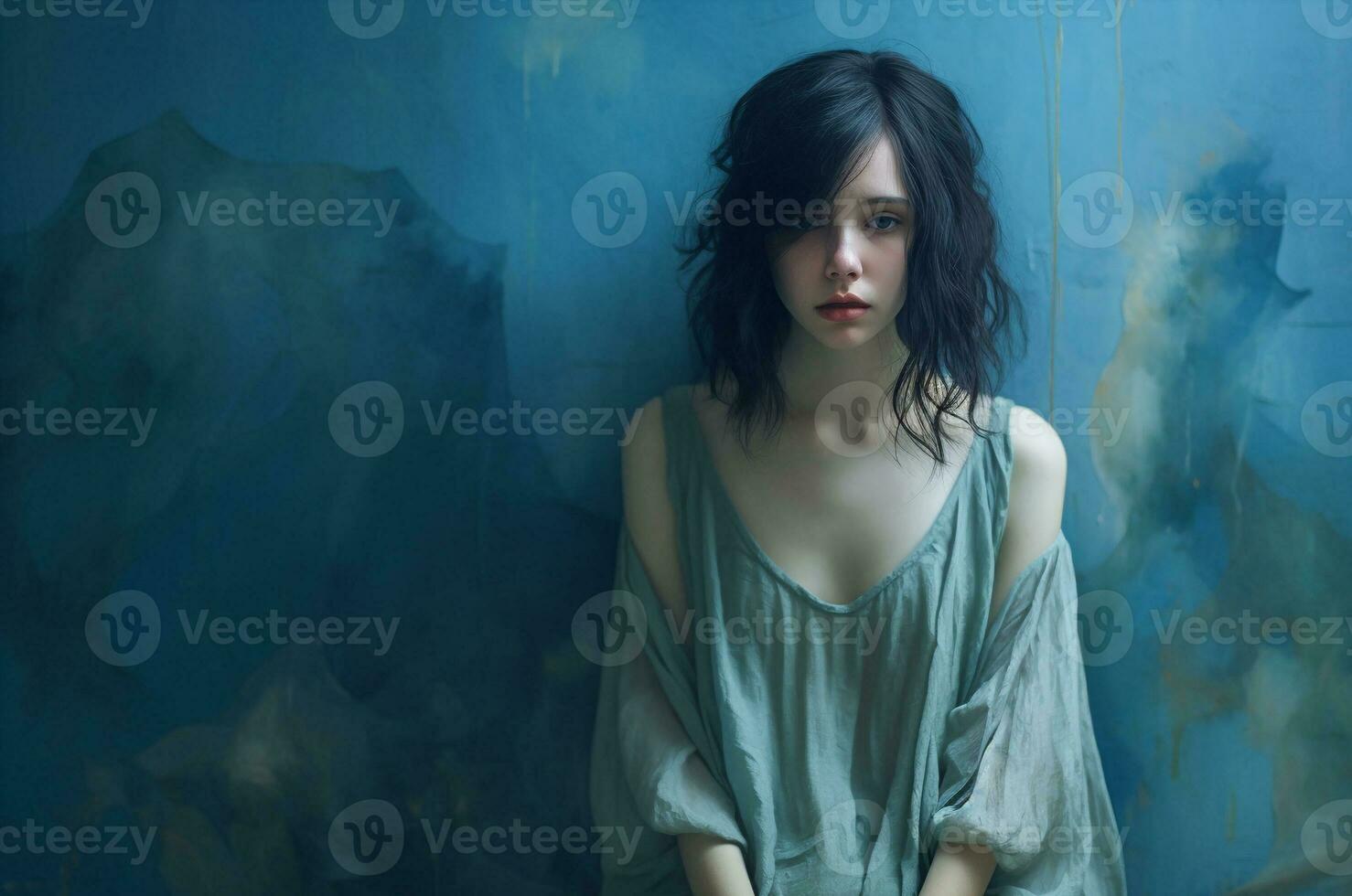 Blue Monday. Sad Monday. Beautiful sad girl on a blue background. Subculture. Generative ai photo