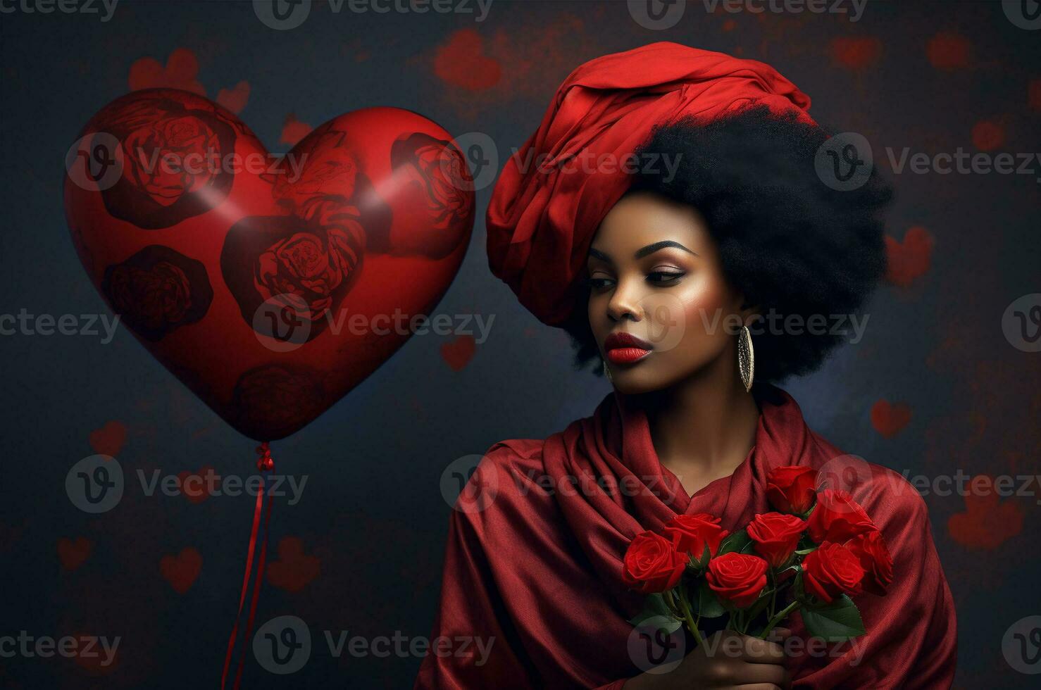Black woman with flowers for valentine is day. Generative AI photo