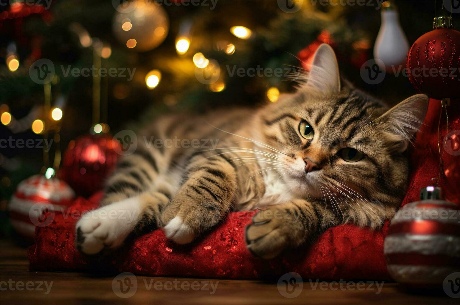Kitten sleeps on a blanket under the Christmas tree. Generative AI photo