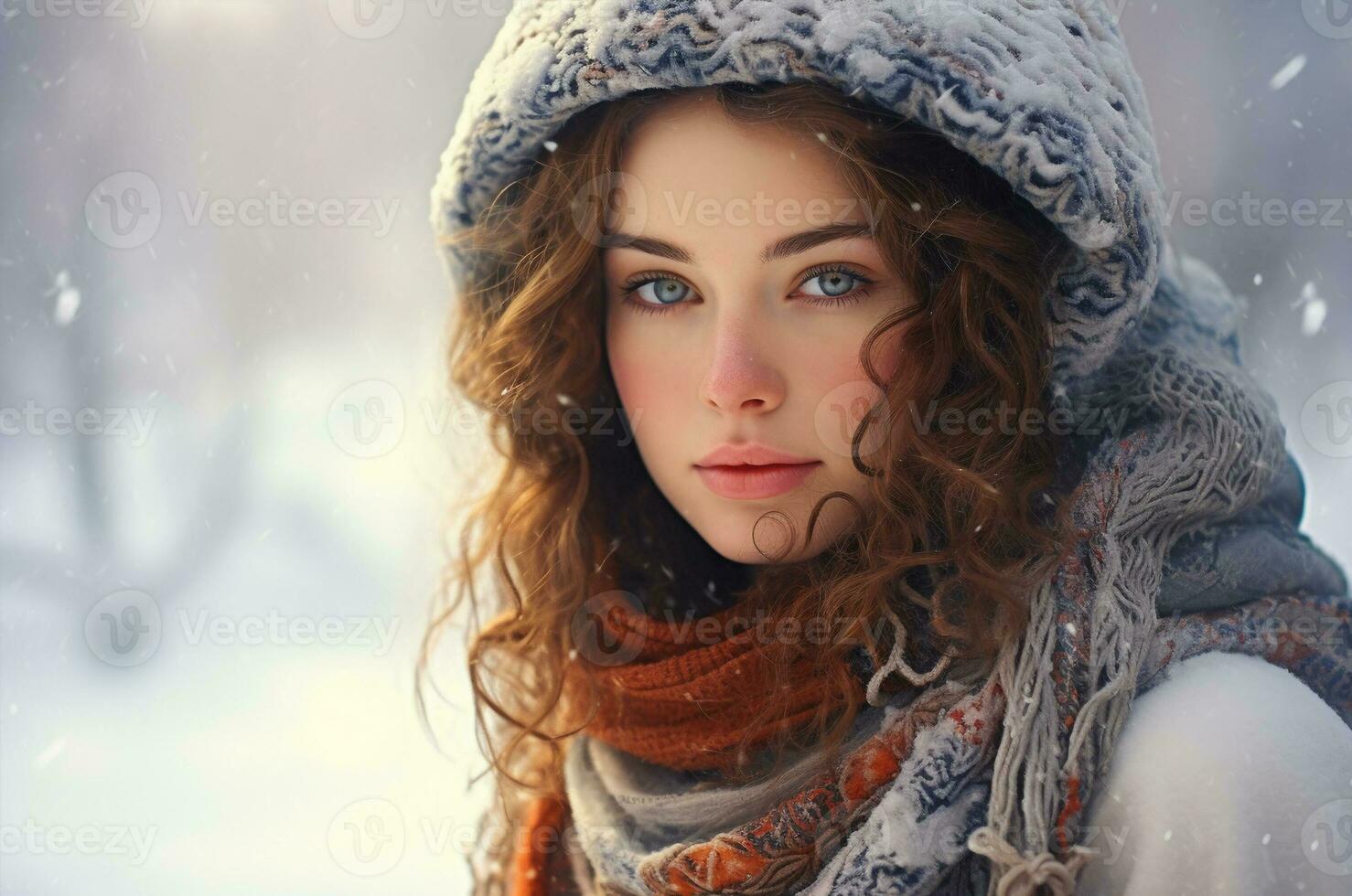 Beautiful red-haired woman of Slavic appearance in winter. Generative AI photo