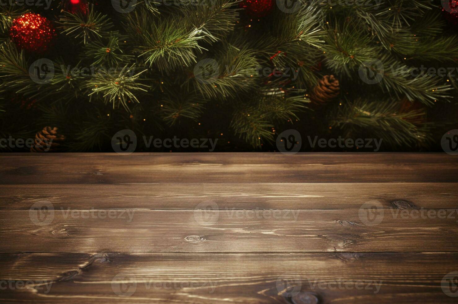 Christmas background. Wooden table and Christmas tree branch top view, mockup christmas. Generative ai photo