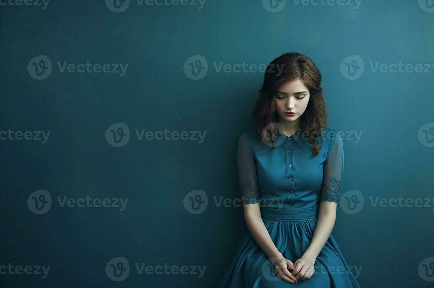 Blue Monday. Sad Monday. Girl in a blue dress on a blue background. Generative ai photo