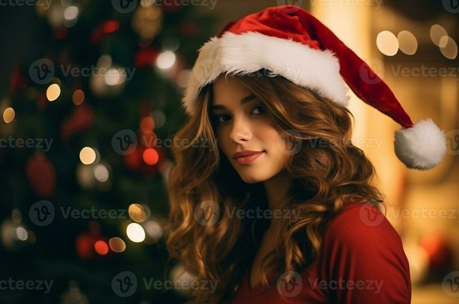Beautiful girl in a Santa hat at Christmas near the Christmas tree on a bokeh background. Generative ai photo