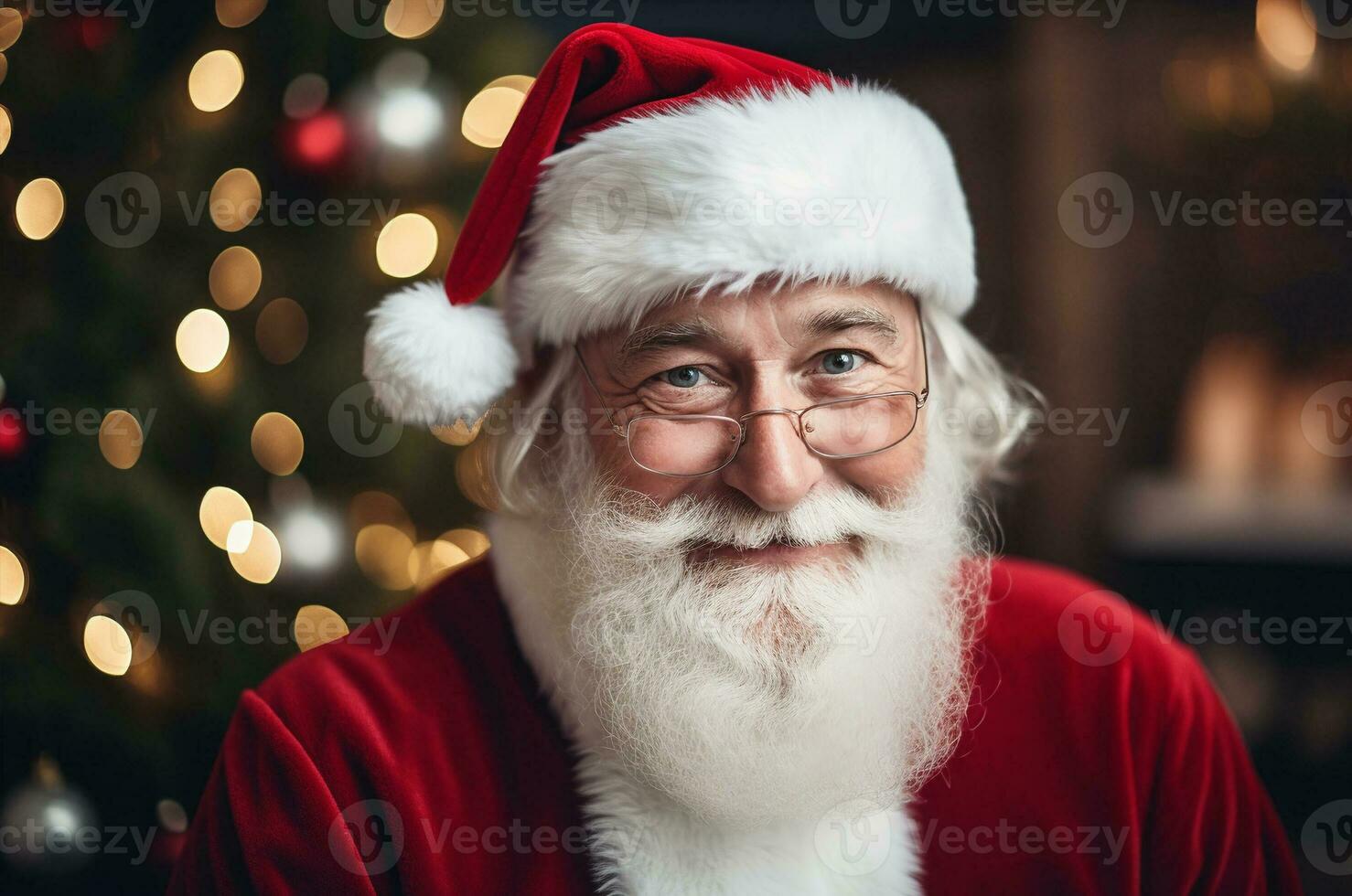 Santa Claus against the background of a Christmas tree and garland. Smiling Santa with a gray beard and glasses. Generative ai photo