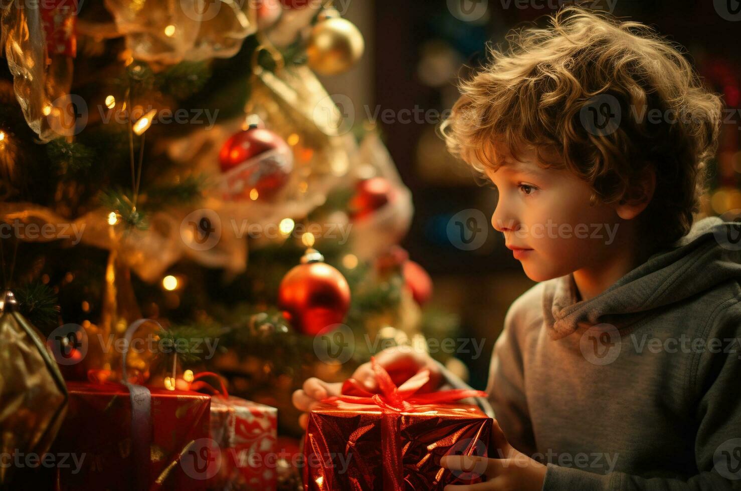 Curly Boy found gifts under the Christmas tree. Generative AI photo
