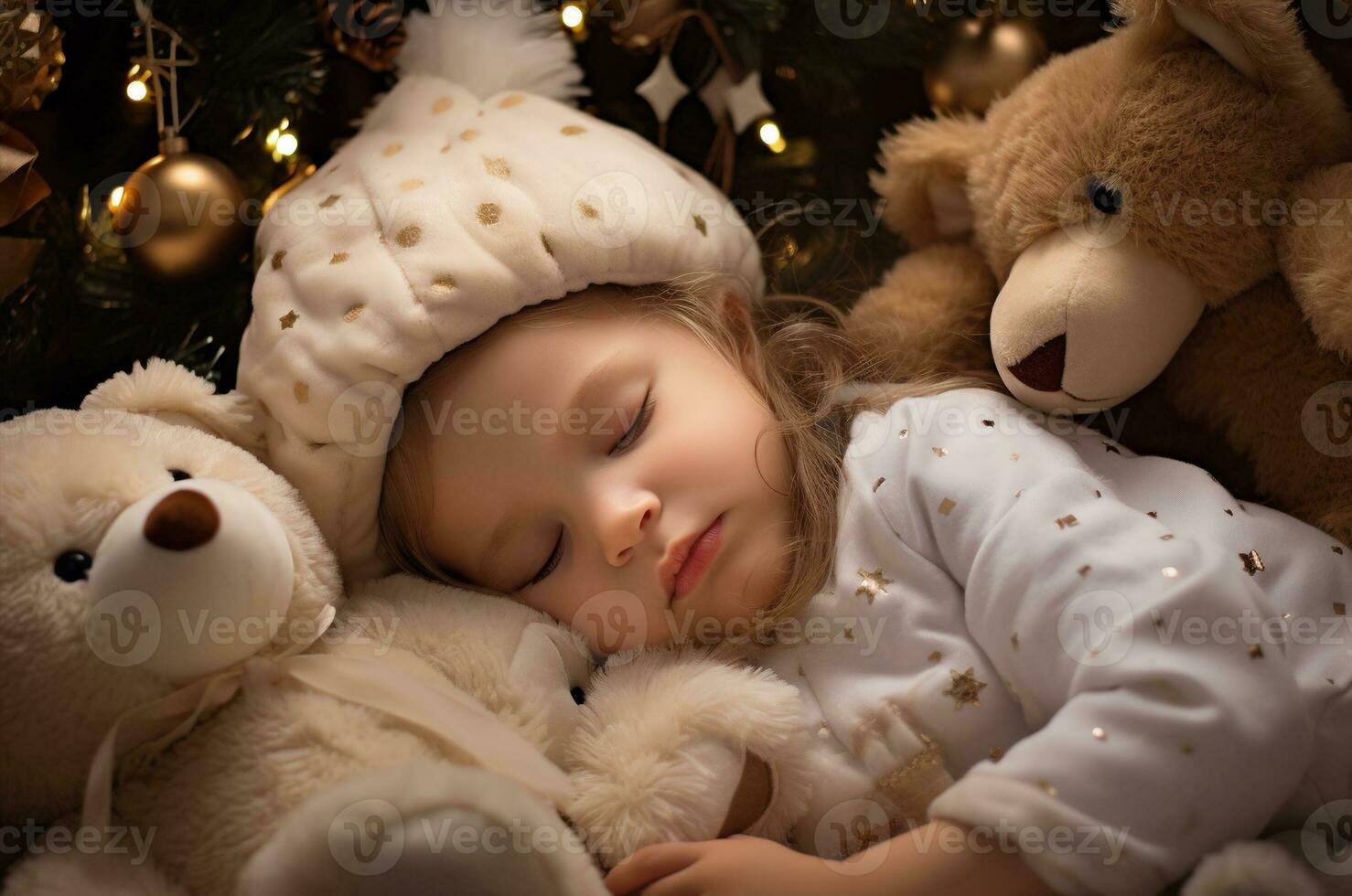 Little girl sleeps with teddy bears near the Christmas tree. Generative AI photo