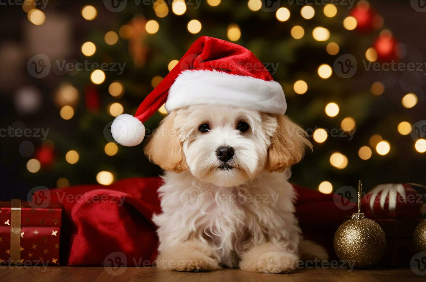 A white multipoo puppy lies in a Santa hat near red Christmas gifts on the background of a Christmas tree with garlands. Generative AI photo