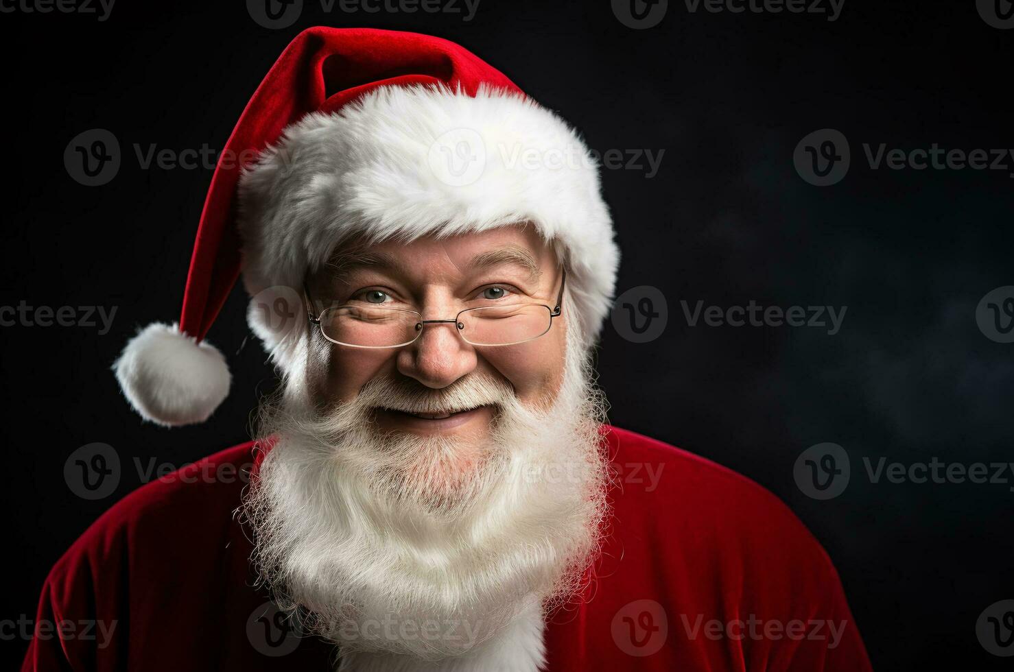 Papa Noel claus con lentes en un negro antecedentes. generativo ai foto