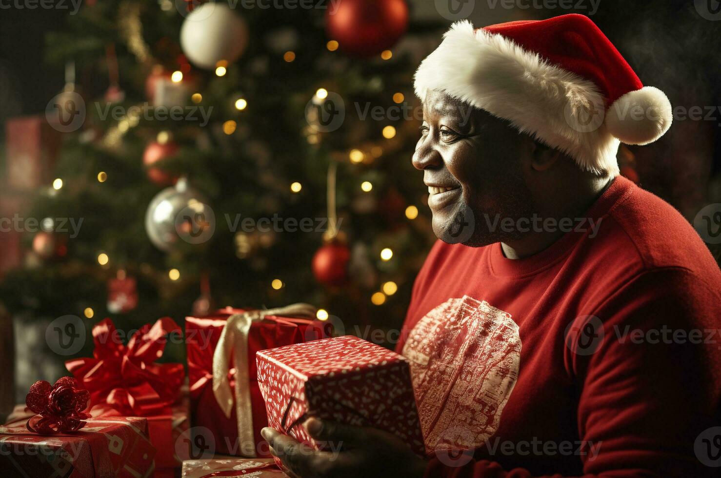 Black man wearing santa hat happy to receive christmas gifts. Generative AI photo