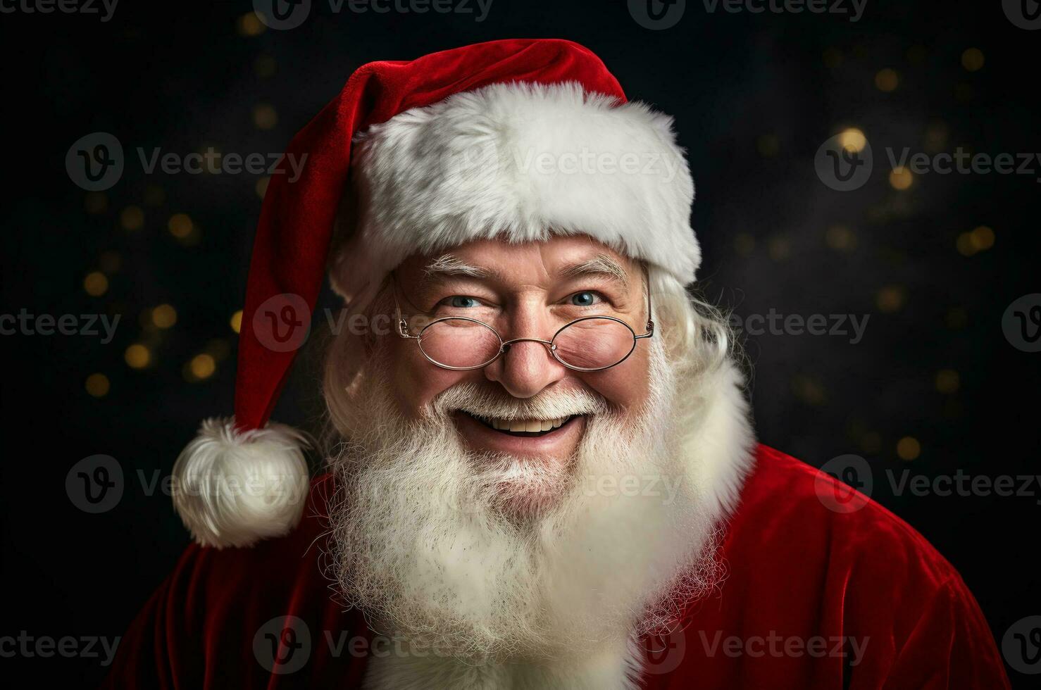 Santa Claus against the background of a Christmas tree and garland. Smiling Santa Claus with a gray beard, glasses and a mustache. Generative ai photo