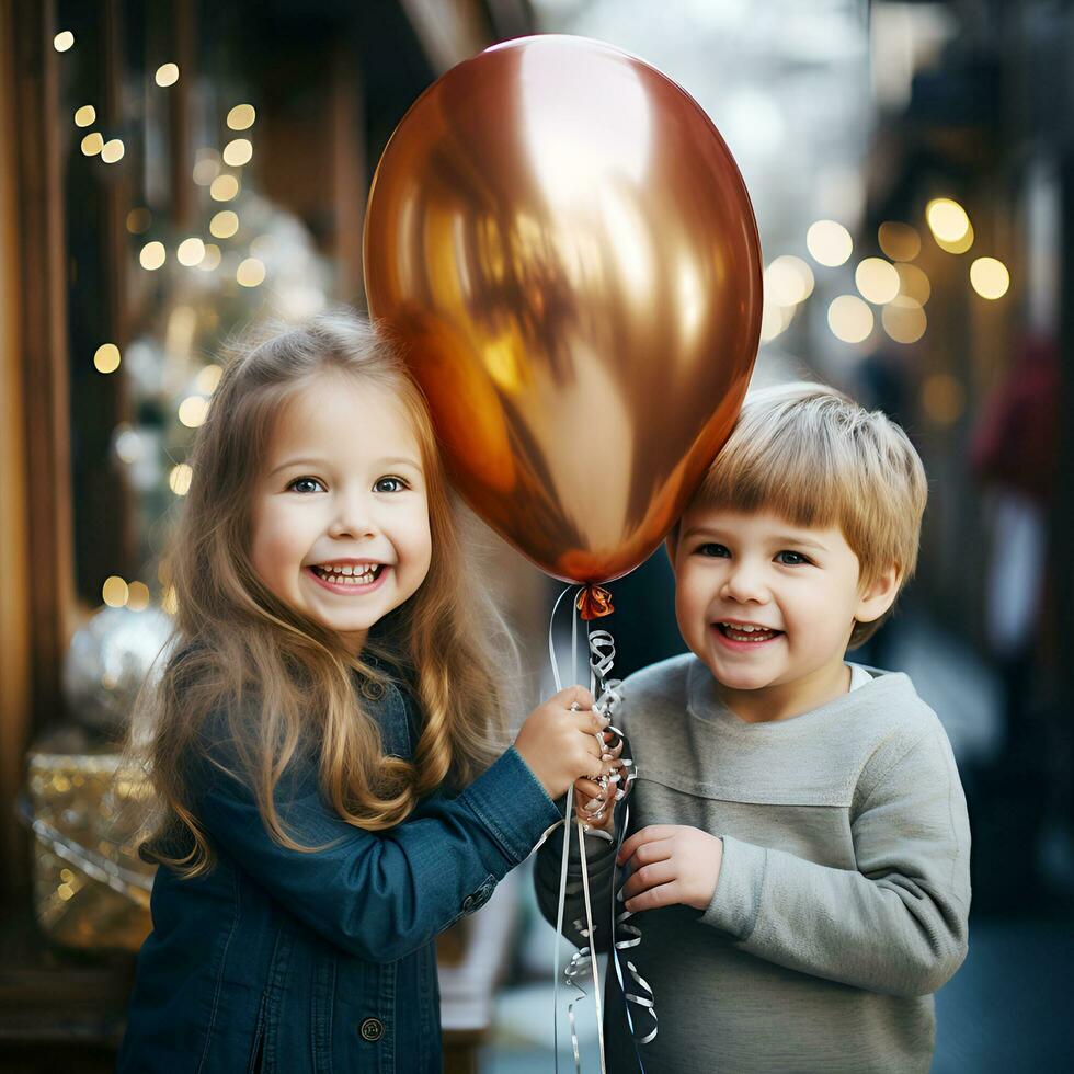 sonriente caucásico niños es contento y gracioso con vistoso globos ai generado foto