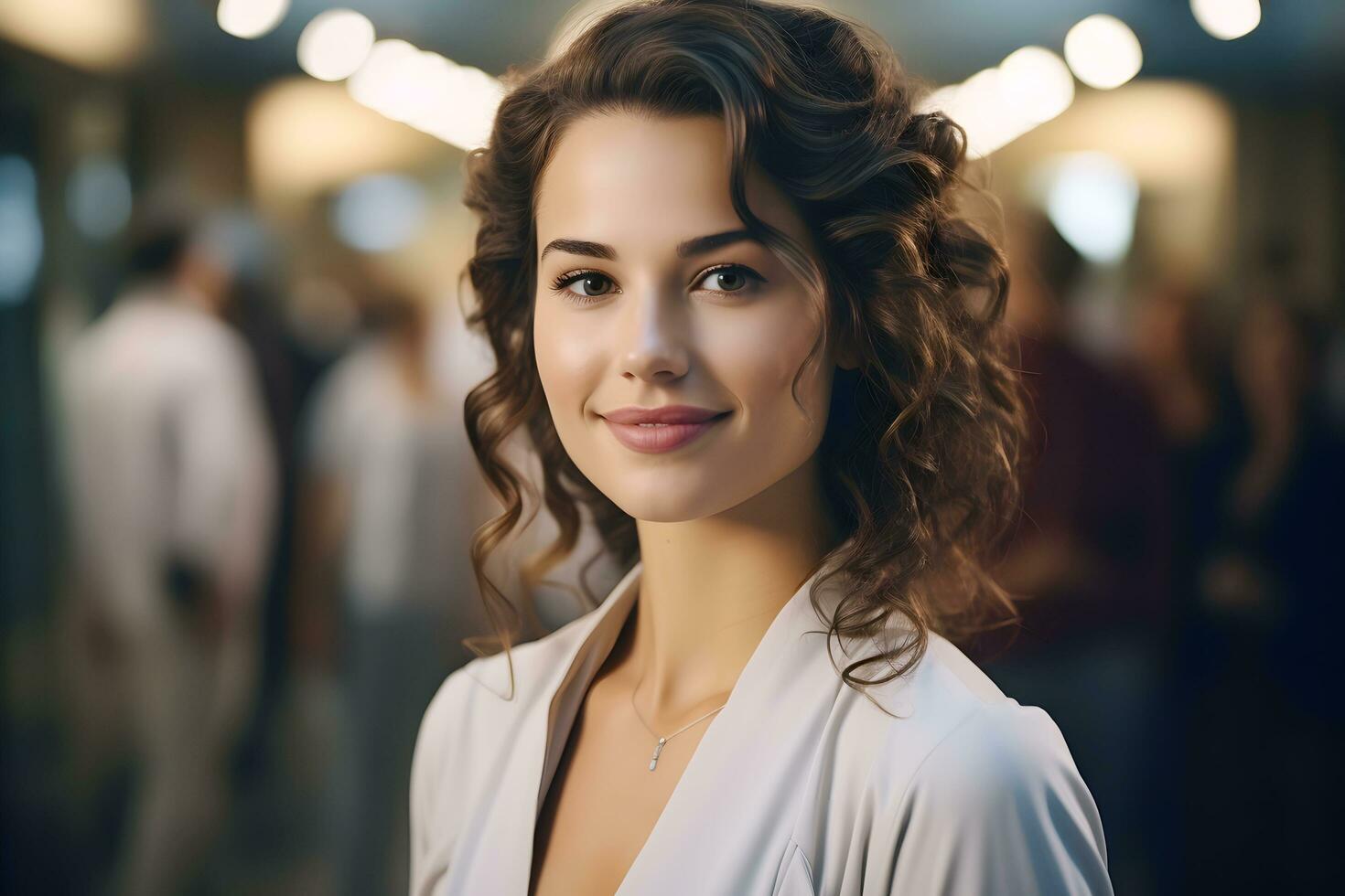 Professional Caucasian businesswoman is smiling in office background. AI Generated photo