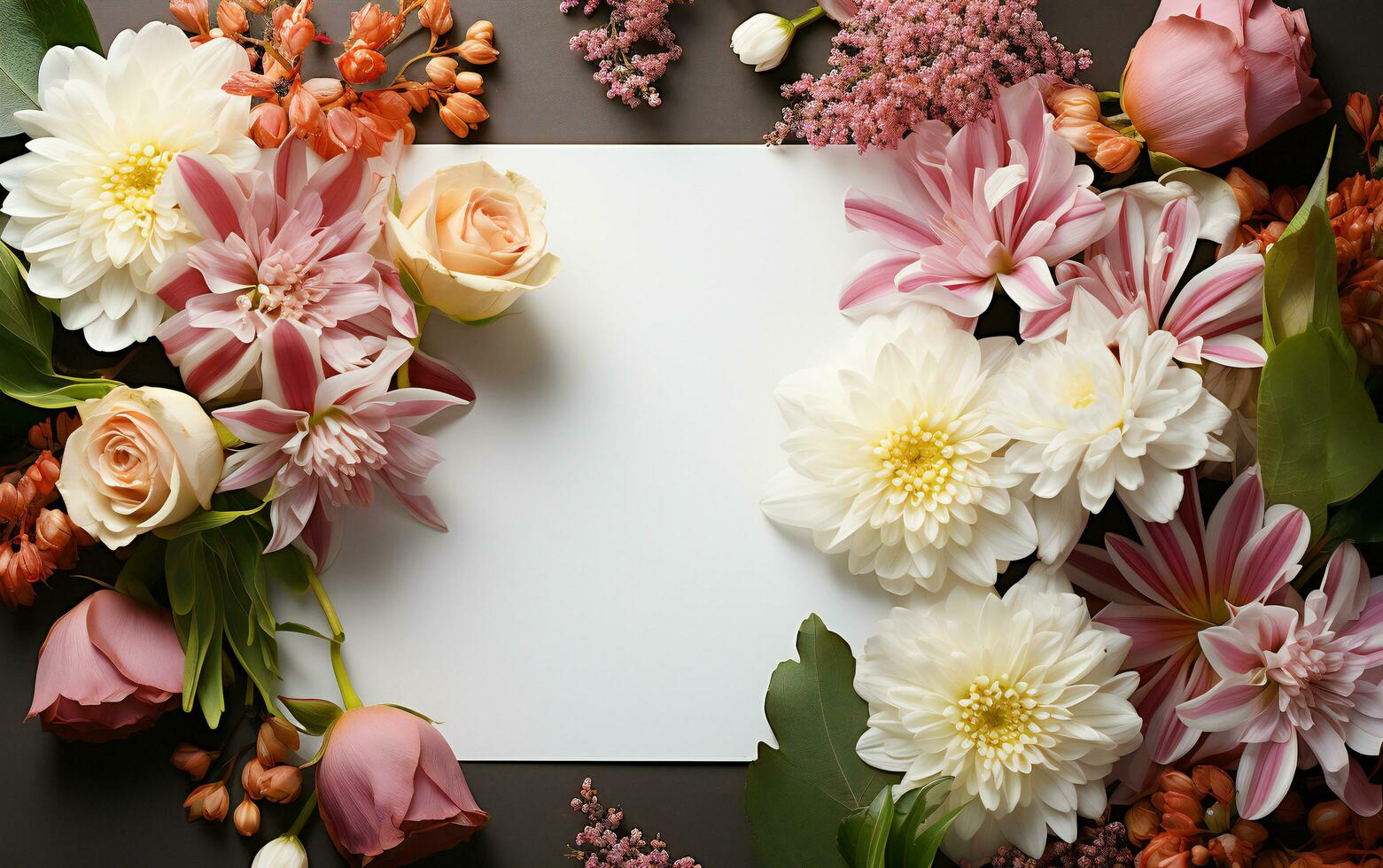 Mock up white blank paper sheet with Bouquet colorful flowers. Top view floral template empty card flat lay. vintage card. AI Generated photo