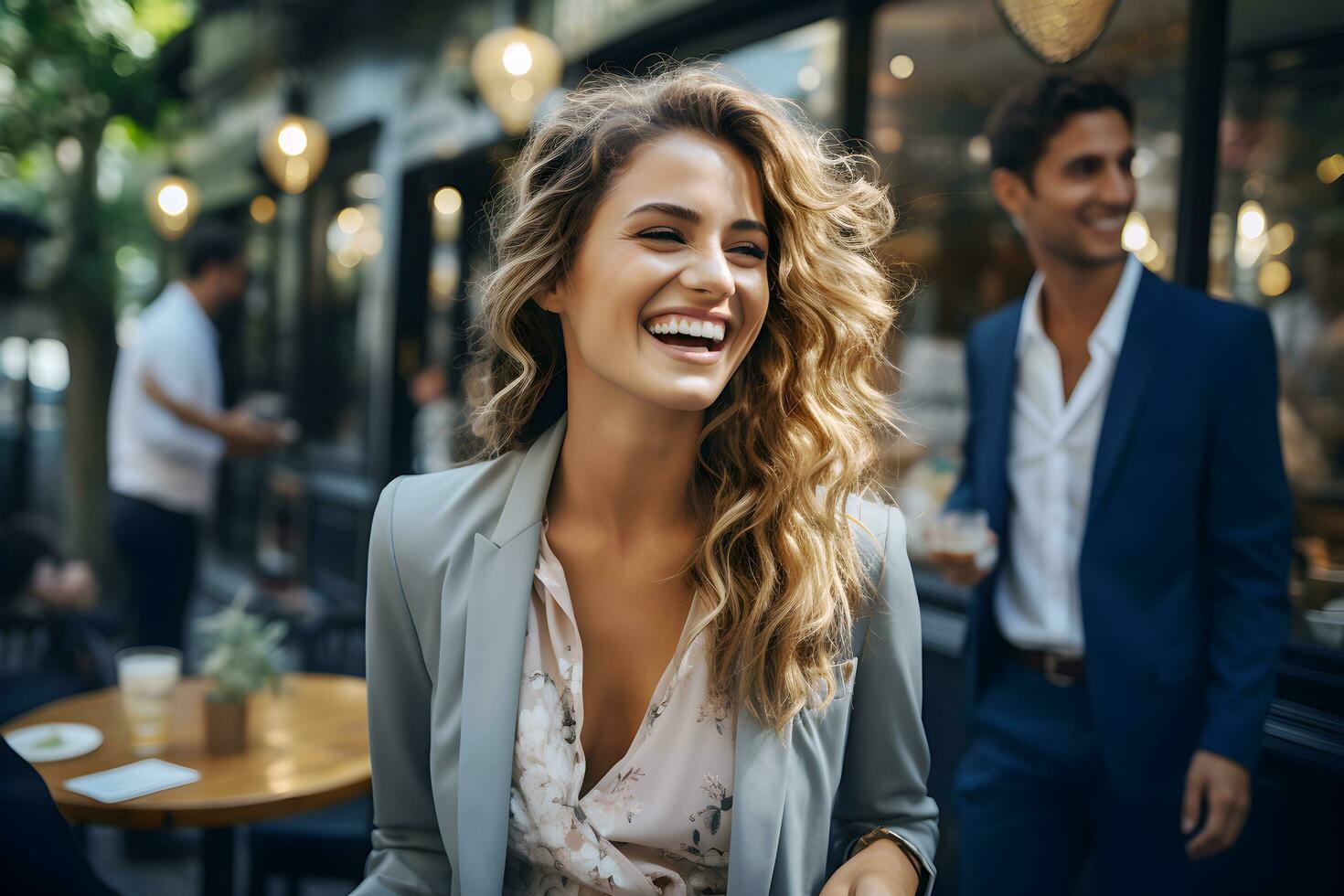 Beautiful smiling Caucasian business woman is holding coffee cup and walking with friends on street in the city. AI Generated photo