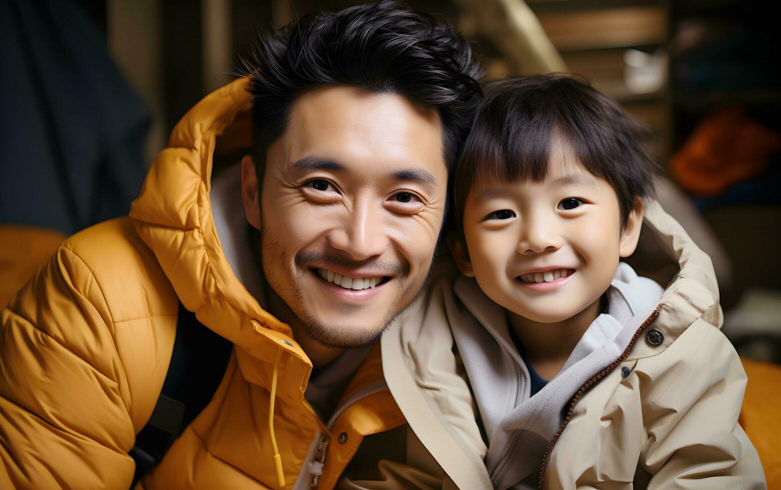 familia hombre asiático padre es sonriente con linda hijo niño es vistiendo sobretodo juntos. ai generado foto