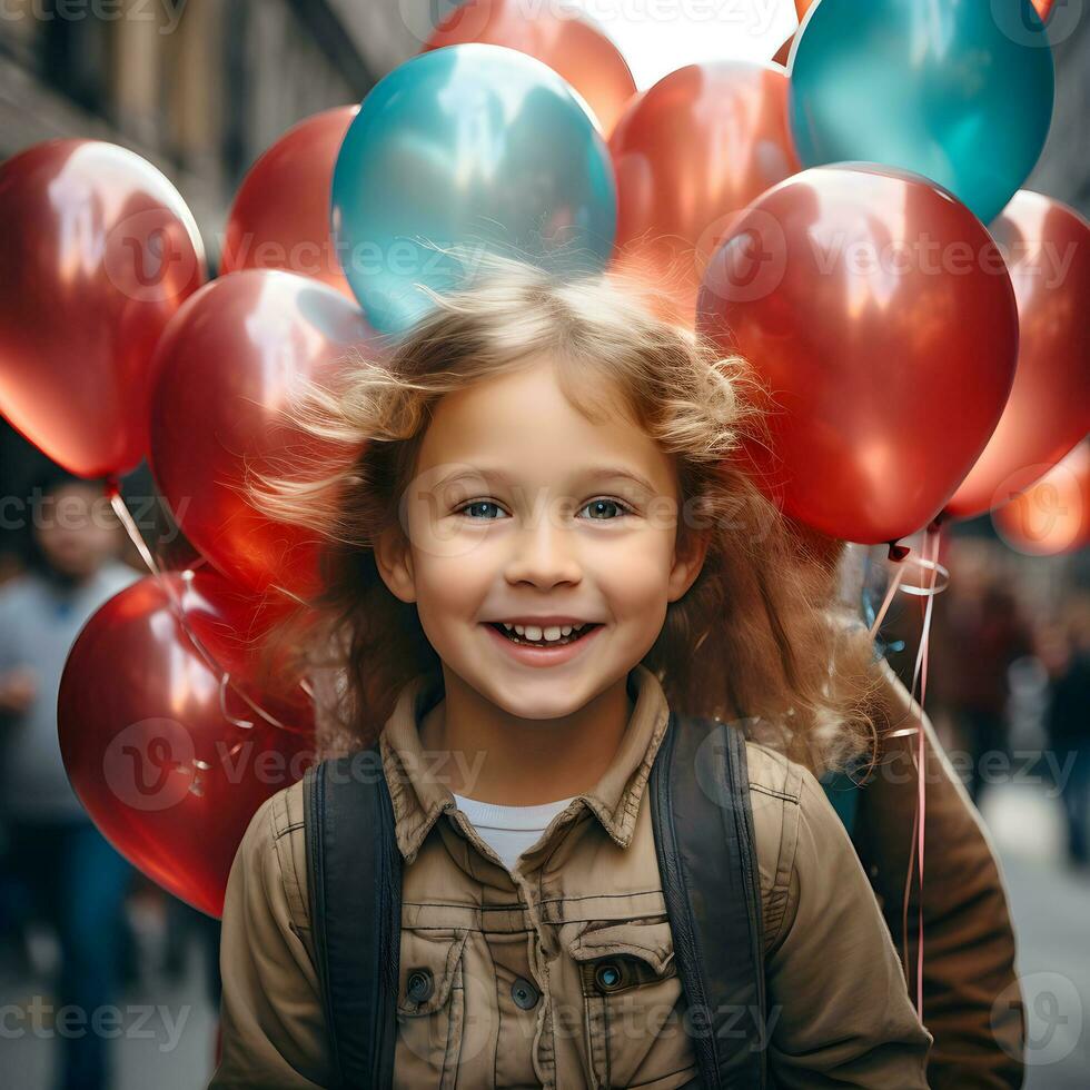 Smiling Caucasian cute girl child is happy and funny with colorful balloons. AI Generated photo