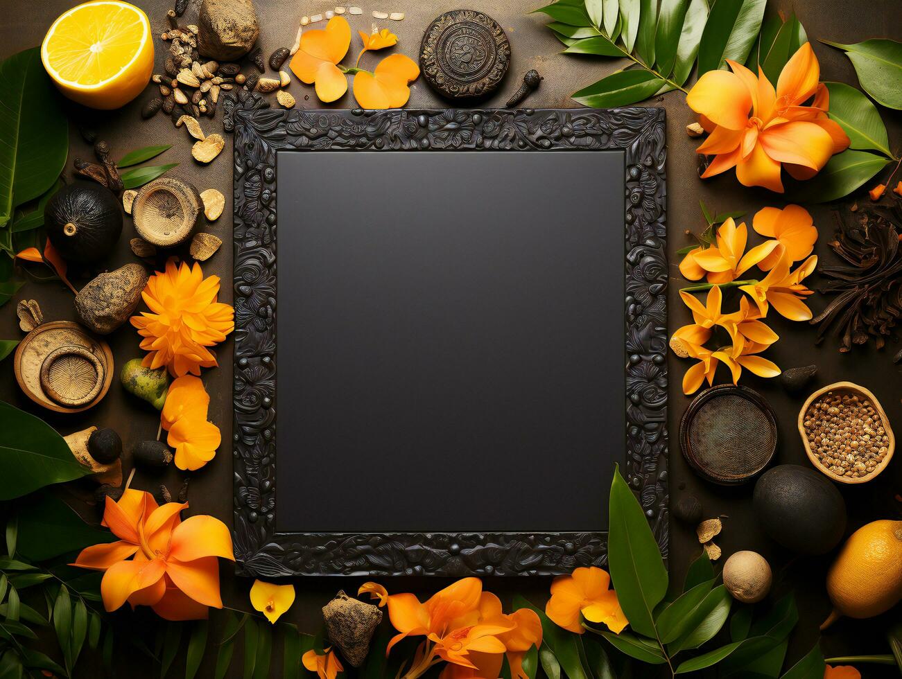 Mock up black blank paper sheet with Bouquet colorful flowers and stone. Top view floral template empty card flat lay. Indian style for vintage card. AI Generated photo