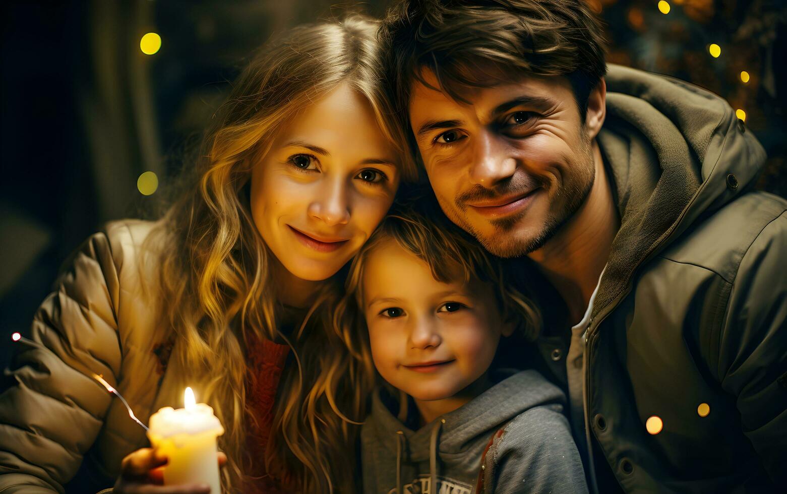 padre y madre con niño hija bebé son contento para pastel cumpleaños. felicidad de familia amor. ai generado foto