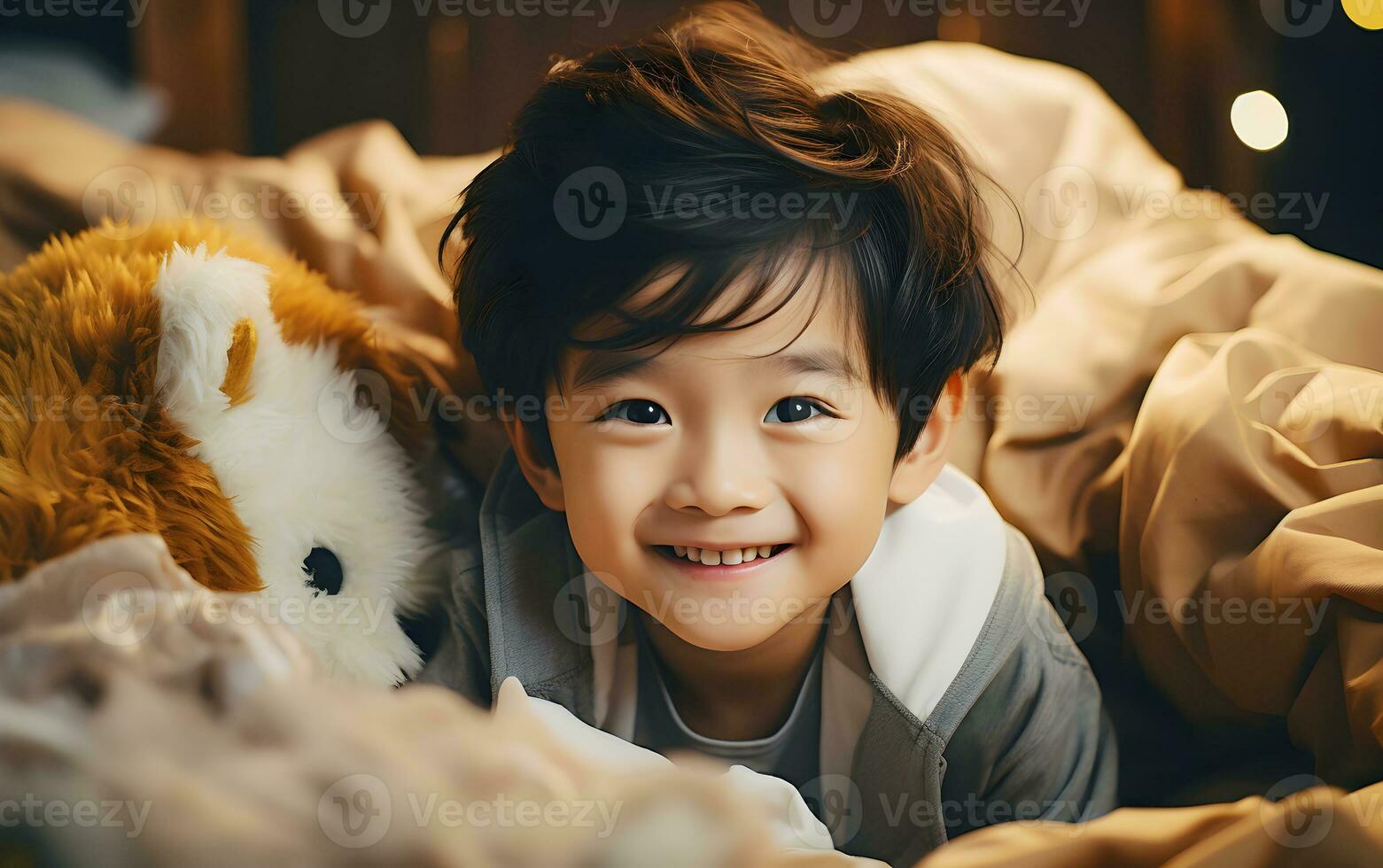 Smiling Asian cute boy kid and son child with doll and toys is wearing overcoat. AI Generated photo