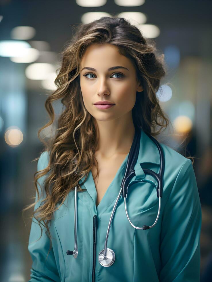 Professional Caucasian confident mature pharmacist woman is smiling with and stethoscope in lab hospital and clinic. AI Generated photo