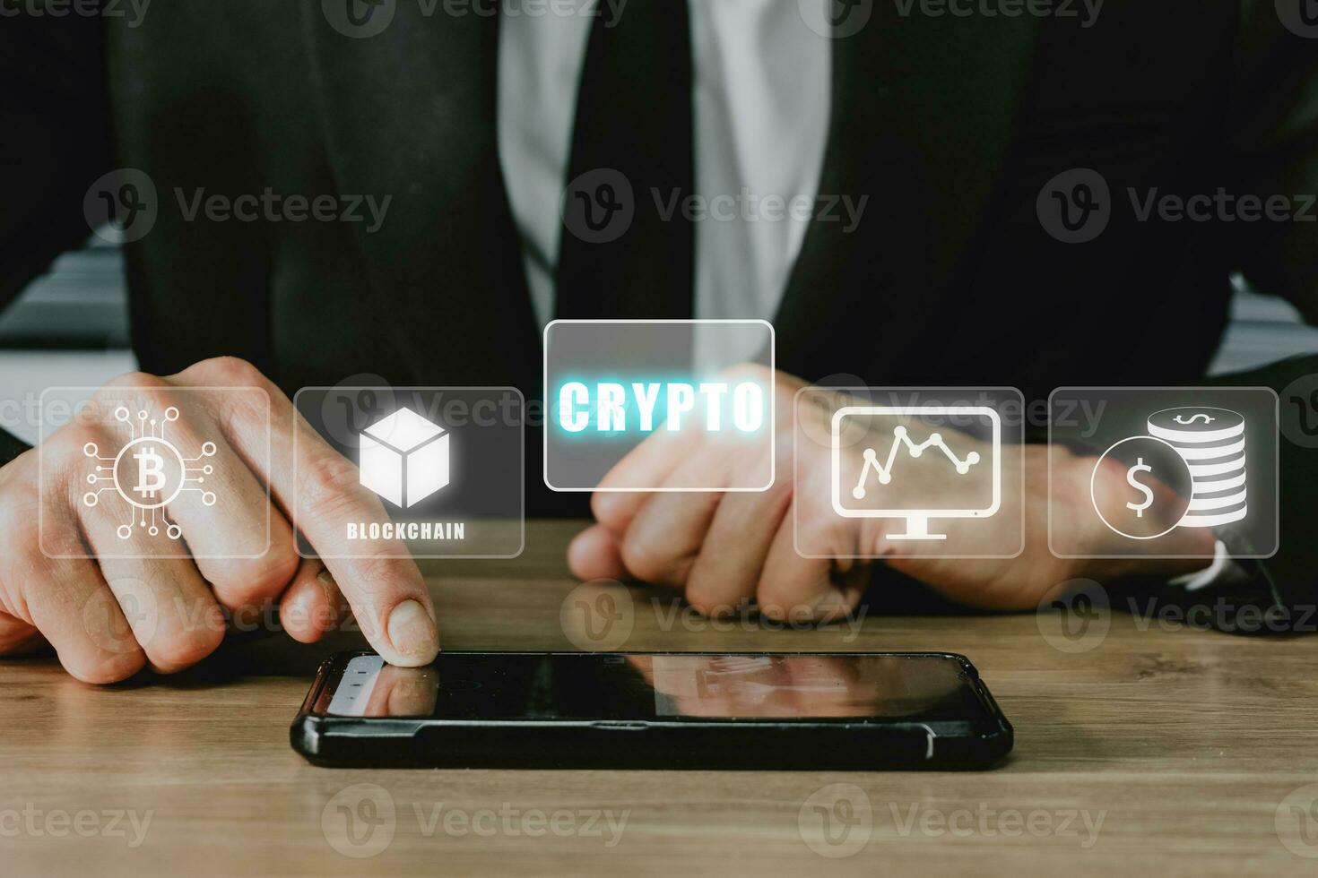 Cryptocurrency stock market concept, Businessman using smart phone with Cryptocurrency stock market icon on vr screen. photo