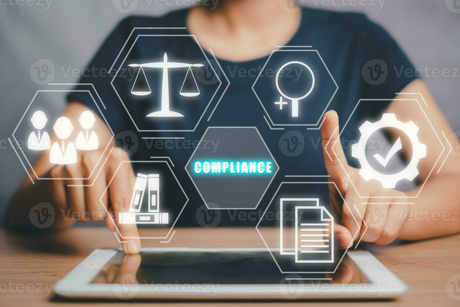 Compliance Rules Law Regulation Policy Business Technology concept, Woman hand touching compliance icon on vr screen. photo