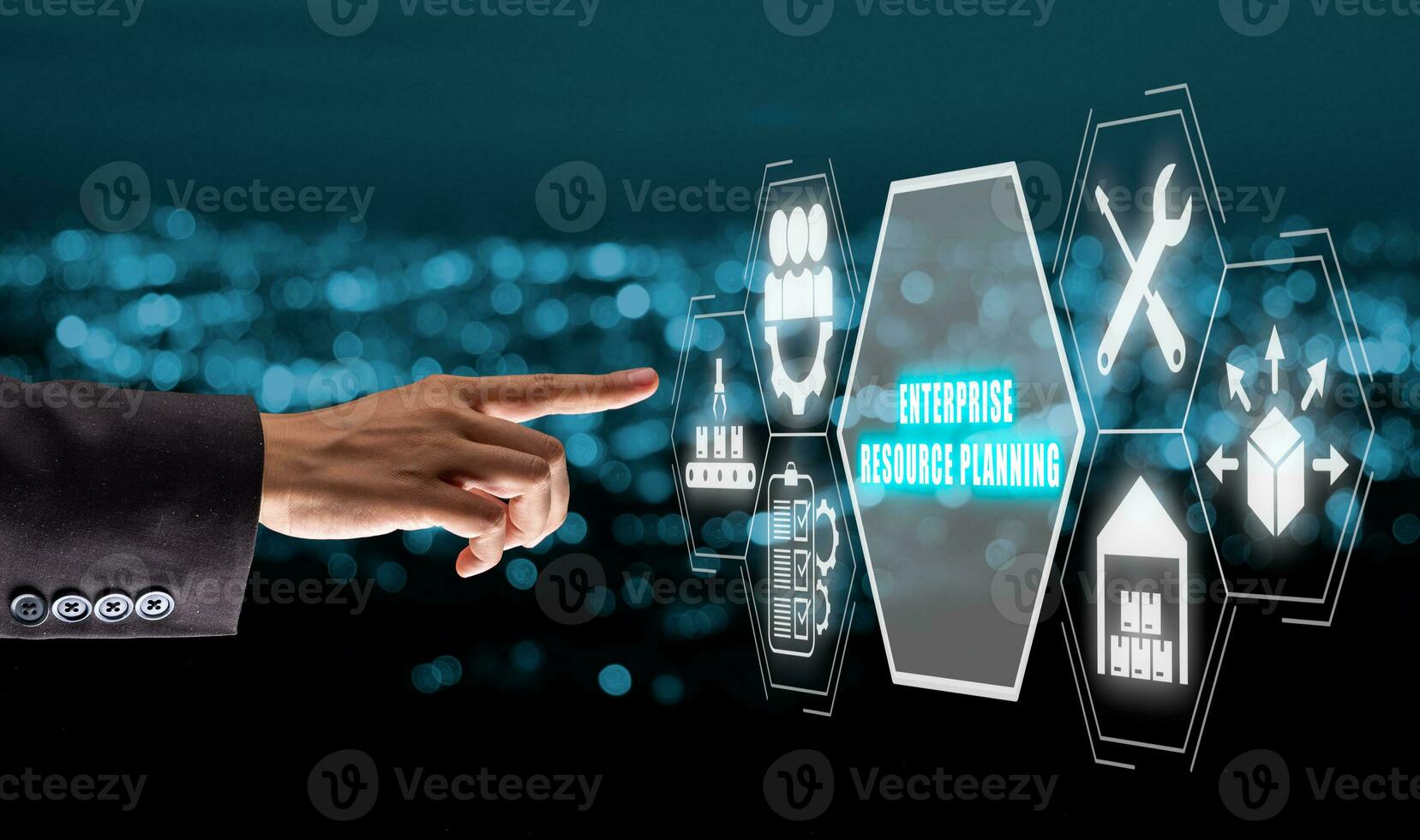Enterprise resource planning concept, Business person hand touching enterprise resource planning icon on virtual screen. photo