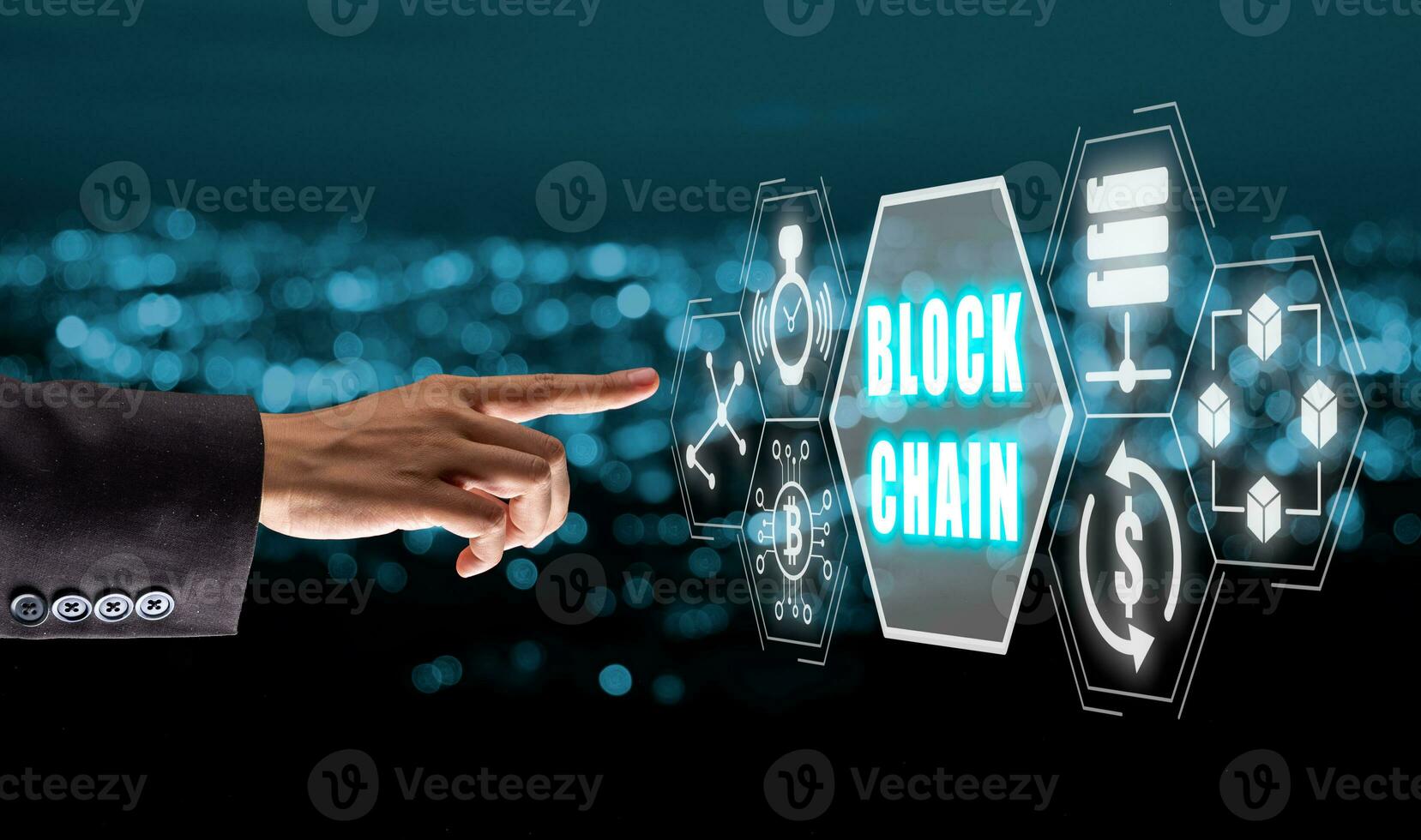 Block chain concept, Business woman hand touching block chain icon on virtual screen, crypto chain. Blocks or cubes, connection consists digits. photo