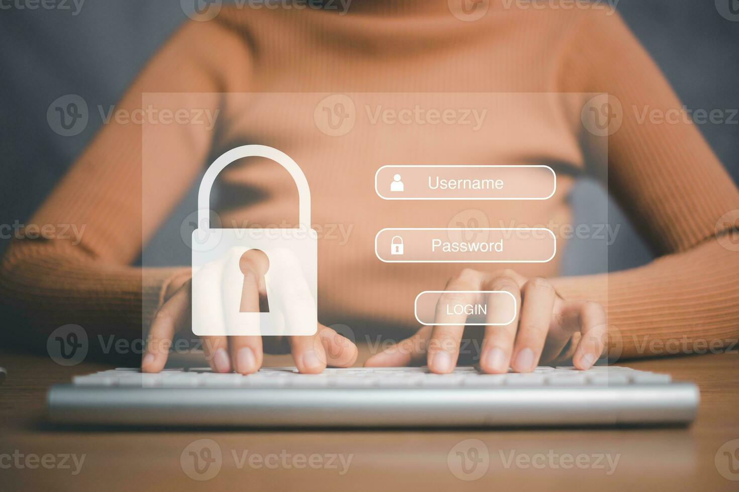 Woman hand typing on keyboard with login and password on screen display, cyber security concept, data protection and secured internet access. photo